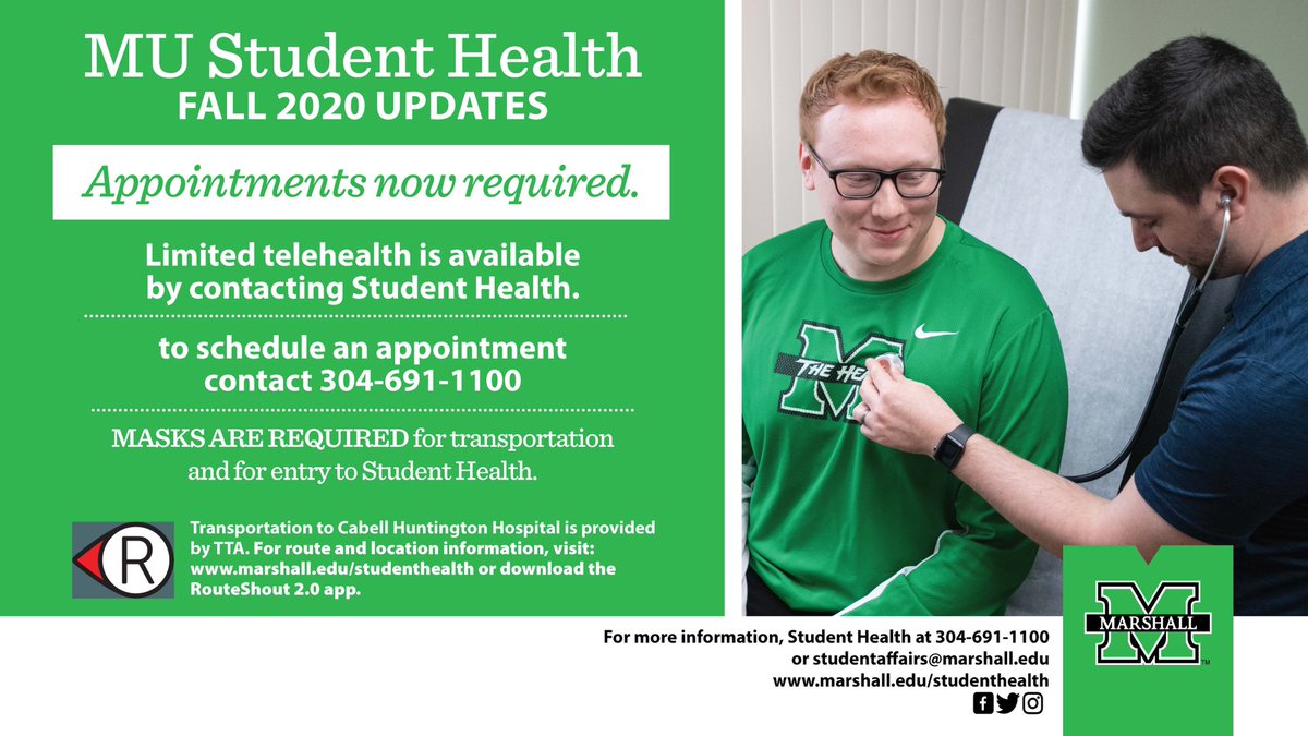 For the fall 2020 and spring 2021 semesters, Student Health Services will be requiring appointments. Please call 304-691-1100. You can view the services and transportation information at this link. marshall.edu/studenthealth/. Marshall Health  📲👩‍⚕️ ✅
