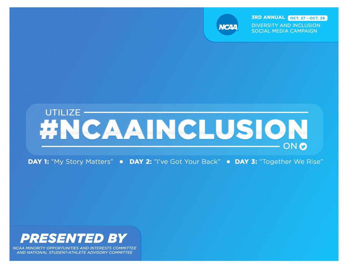 Today starts NCAA Diversity &amp; Inclusion Week! Today is your chance to tell us why YOUR story matters and why YOU make a difference. Use #NCAAInclusion to share who you are, what your story is, and how you can use that story for diversity and inclusion!