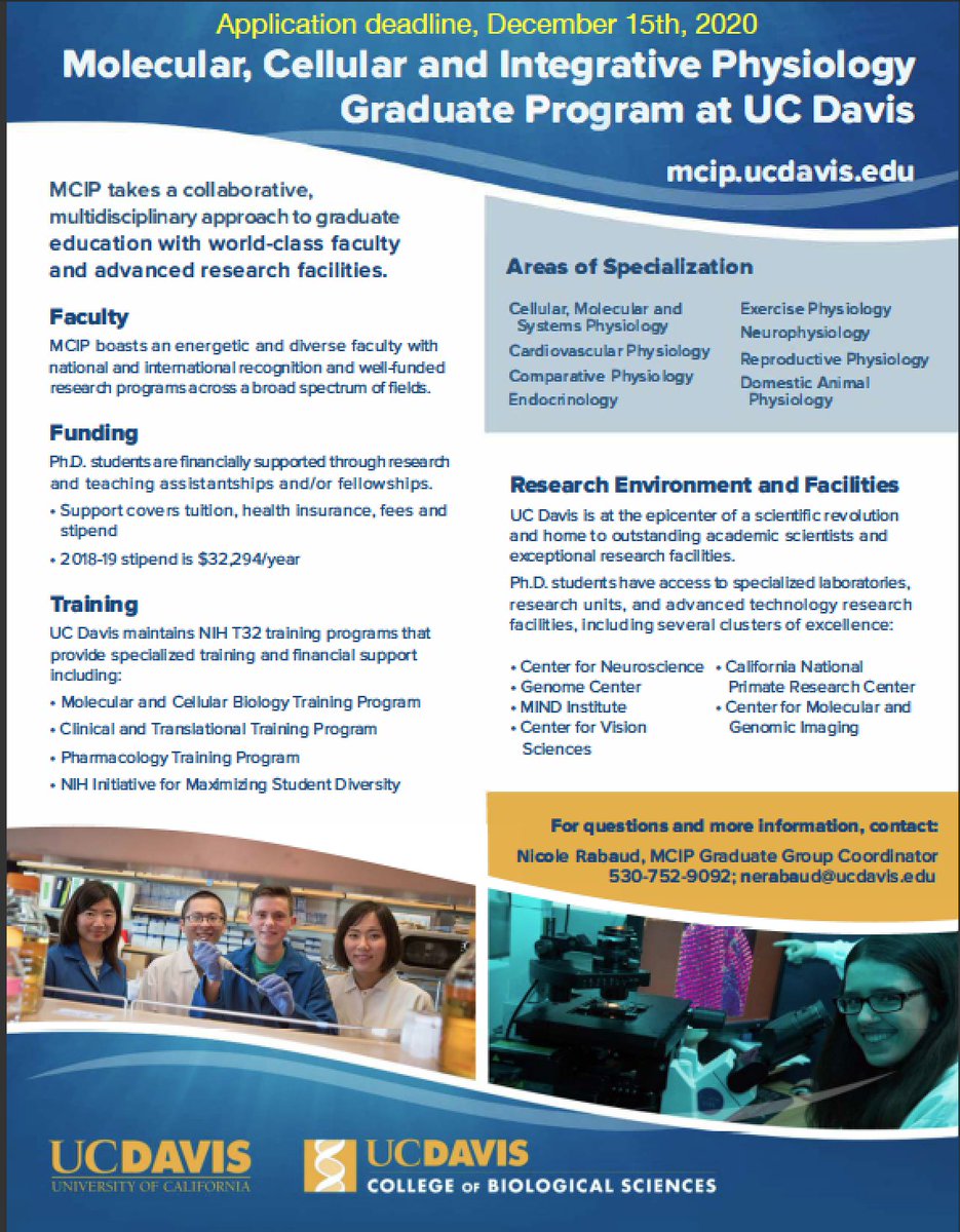 mf_navedo's tweet photo. Are u interested in a #Physiology #PhD? Here are a reasons to apply to @MCIPUCD at @ucdavis. Apply TODAY!
 
1) NO GRE
2) Time to PhD = 5.48 years
3) Holistic review of apps
4) Full support via GSR/TAs
5) Competitive financial support ($34K) 
6) Excellent job placement https://t.co/ozZ2kexspx