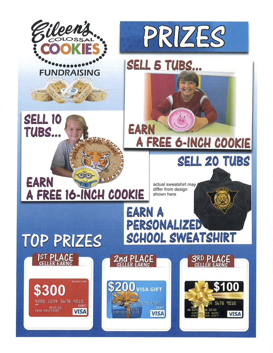 Watson Elementary is, again, teaming up with Eileen's Cookies for this year's Fall Cookie Dough Fundraiser starting Monday, October 26.  See the attached flyer and prize flyer and support our Watson Wildcats and PTO. 
#hpstigers #hastingsnebraska #wildcatstrong