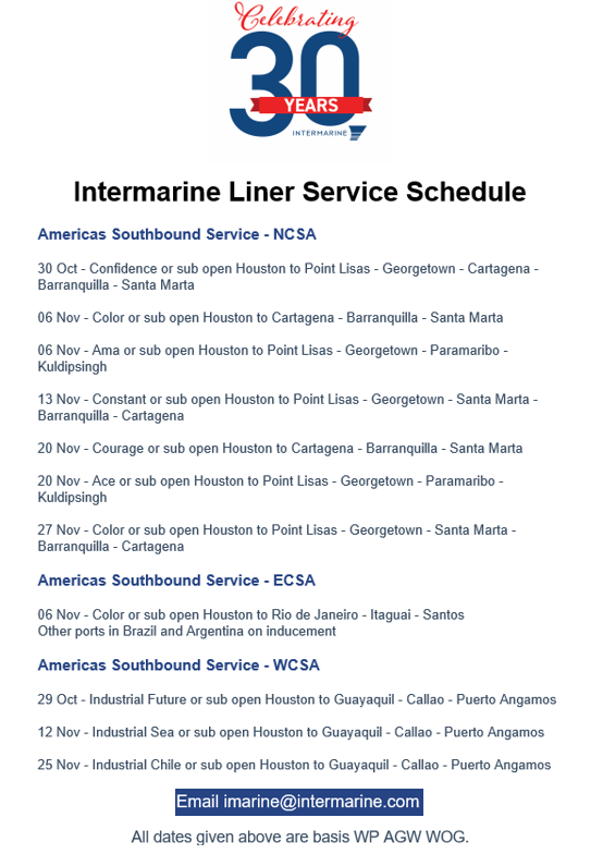 Intermarine_'s tweet photo. Intermarine - Liner Service Schedule - Week 44. For more info, please email imarine@intermarine.com #Intermarine #shipIntermarine #linerservices #shipping #breakbulk #heavylift #maritime https://t.co/8k7SPXh1e3