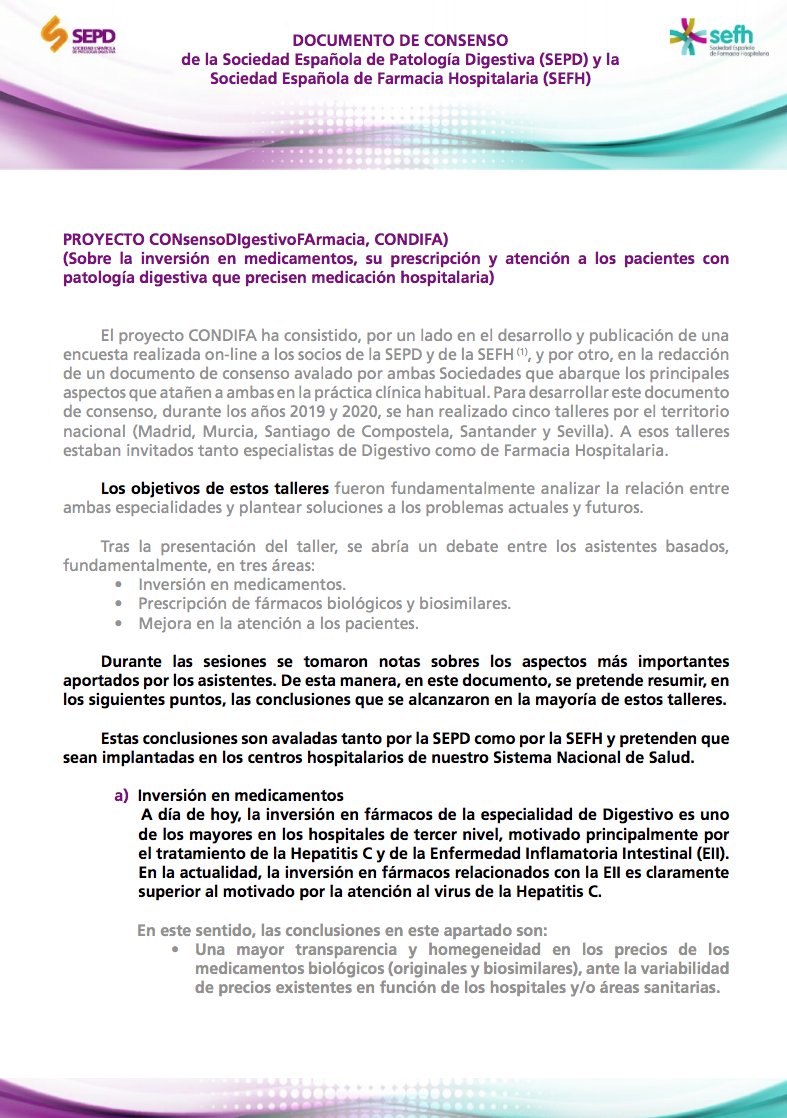 sefh_'s tweet photo. #CONDIFA Documento de consenso @sepdigestiva y @sefh_ sobre principales aspectos que atañen a #digestivo y #farmaciahospitalaria en práctica clínica habitual
📊Inversión en medicamentos
💉Biológicos y biosimilares
👩🏻⚕️Mejora en atención a pacientes
https://t.co/E3bxUIgI0w https://t.co/Xk3ZjxdN2f