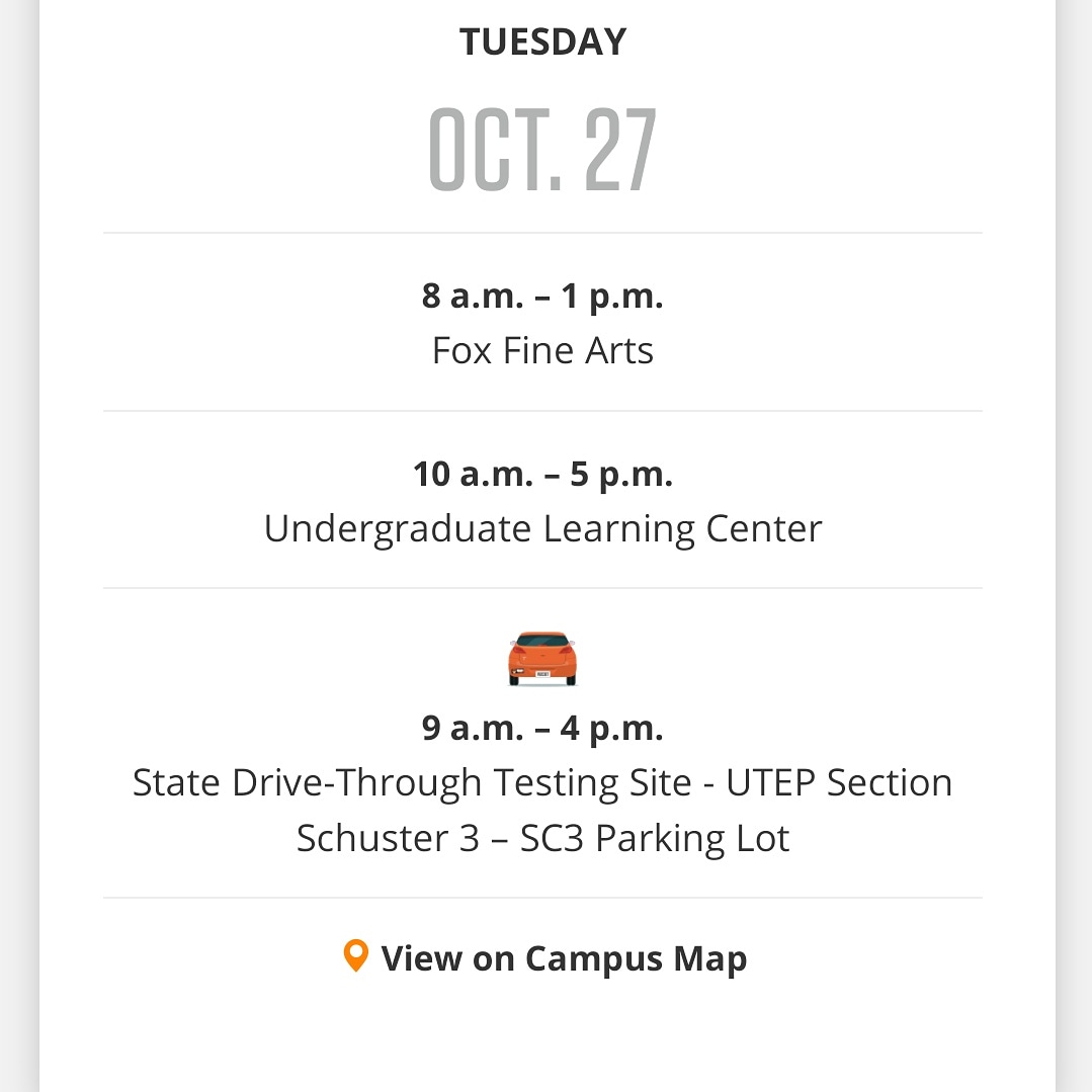 Good morning, Miners! Here are today's testing sites and times. Remember to wear your face coverings at all time and to bring your ID. Be safe, bundle up, and go Miners! 🧡💙⛏️🧡💙⛏️
