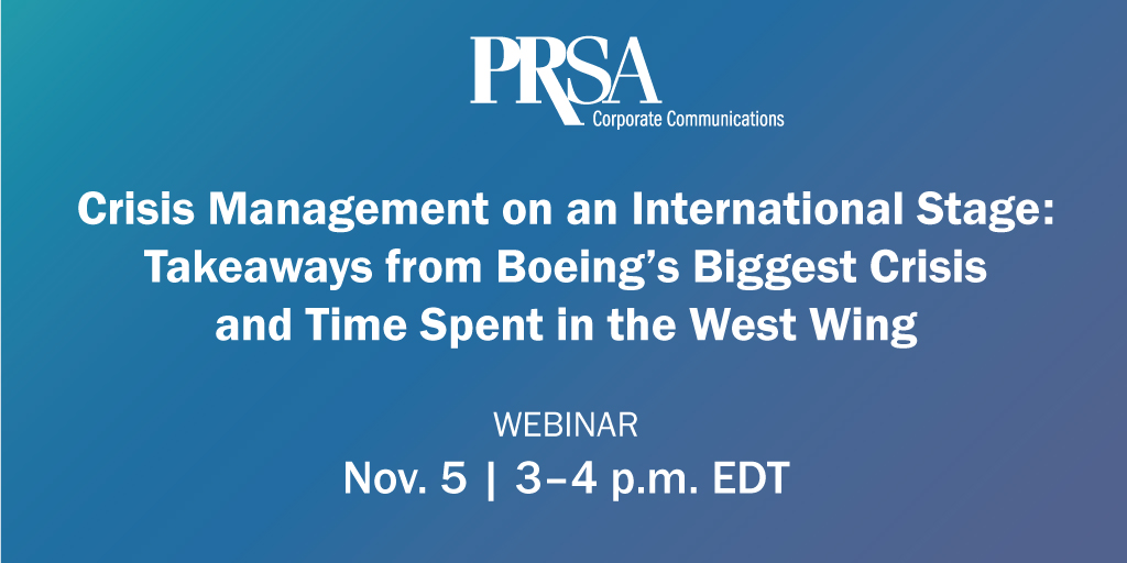 PRSACorpComms's tweet photo. Before our current global and national crises, there was the @Boeing MAX 737 airplane #crisis.  How to work w/ the CEO, legal, finance, gov't regulators and media, simultaneously?@GordonJohndroe, VP global media relations @Boeing, to explain. Register! https://t.co/GpTyknSuCB https://t.co/xtrcGvaage