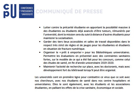 FranceUniv's tweet photo. Deuxième vague de coronavirus : propositions de la @CPUniversite au @gouvernementFR pour lutter contre la propagation du virus et pour le soutien aux étudiants 👉🏼  https://t.co/B1hzJYuPtY #COVID19 https://t.co/alR7qXPuMm