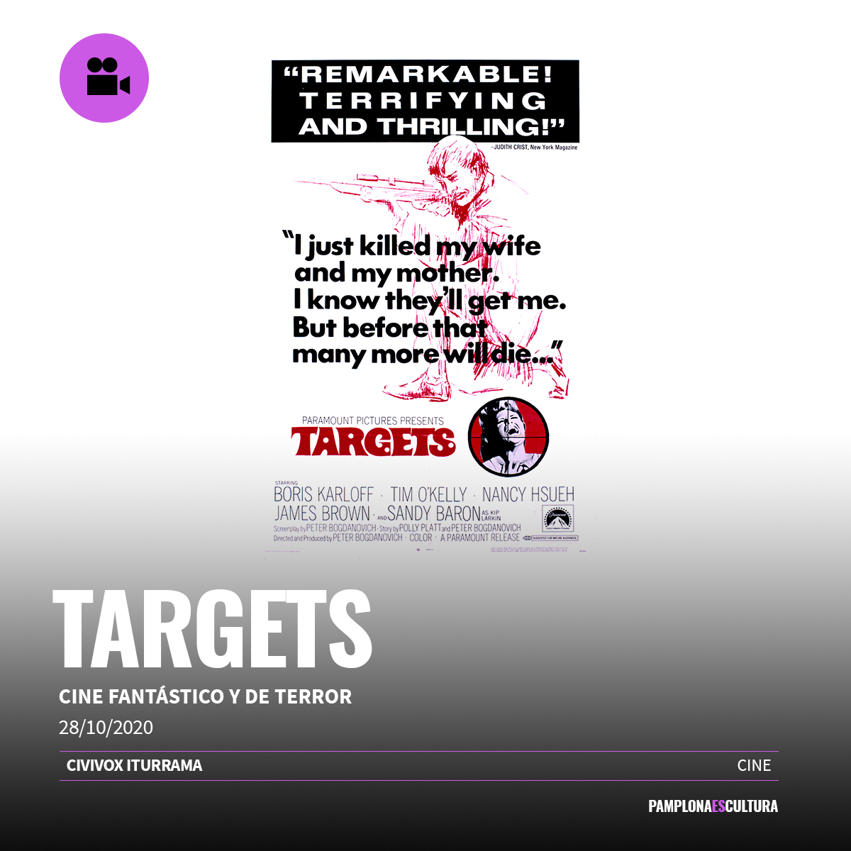 Pamplonacultura's tweet photo. 😱Los amantes del cine fantástico y de terror tienen una cita mañana con la película "El héroe anda suelto (Targets)"

⏰28 octubre, 19:00
📍Civivox Iturrama 
👉Gratis previa inscripción hasta completar el nuevo aforo permitido en la Orden Foral 57/2020 del Gobierno de Navarra https://t.co/6ABVHIcYvh