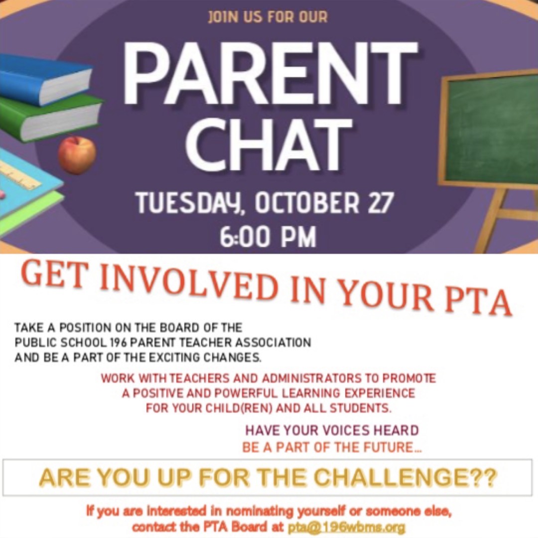 Please join the PTA Parent Chat today, and don't forget that elections are on Thursday!