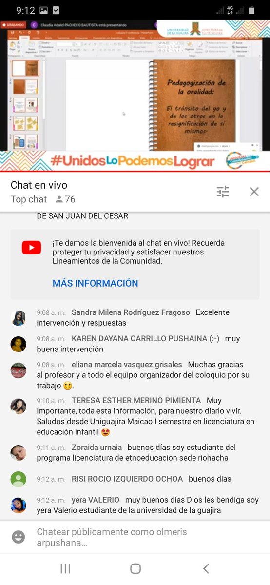 Olmeris4's tweet photo. Que agrado poder escuchar ala maestra Claudia Pacheco Bautizta en el segundo encuentro del llColoquio Investigación Educativa. 
#llColoquioInvestigaciónEducativa
#ContextosMulticulturales
@InecTic
@Unilaguajira
@jaroldiazc https://t.co/JldrG3sjYF