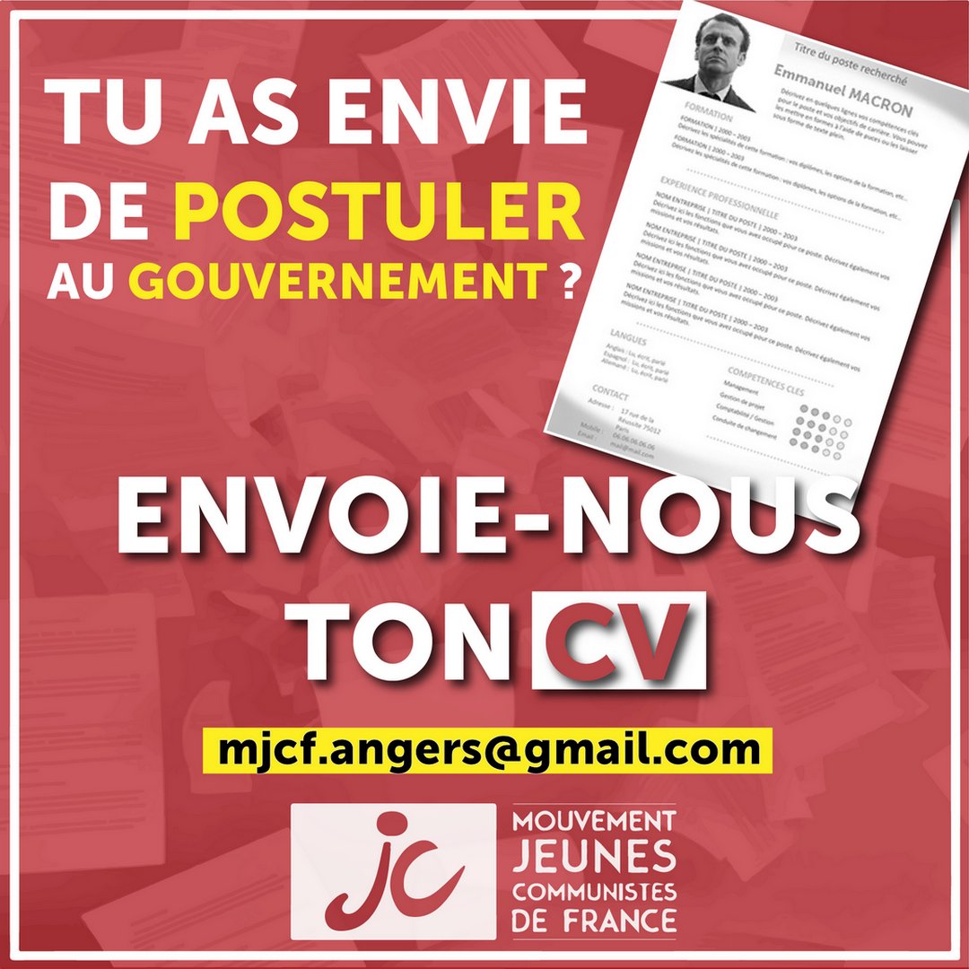 👉Chômage, Licenciement, Peine à trouver un emploi :  Le gouvernement, sourd quant à nos conditions, ne prend pas des mesures convenables pour la jeunesse alors fais nous parvenir ton CV par mail pour que ensemble, nous puissions faire pression sur le gouvernement ! #MJCF #JC49