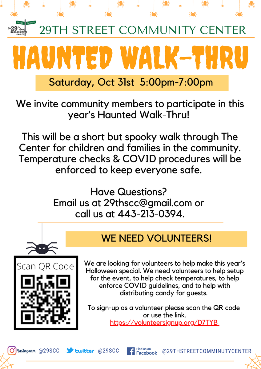 29SCC's tweet photo. Halloween is fast approaching and we are thrilled to be hosting a Haunted Walk-Thru. Come join us on Oct 31st Saturday at 5pm-7pm. https://t.co/bmF17qfduL