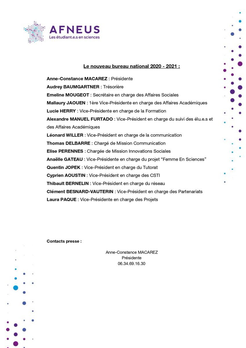 [CDP] Renouvellement du Bureau National de l'AFNEUS

Le weekend dernier s’est déroulé le 28ème congrès national en distanciel. Durant cet événement ont eu lieu des échanges autour de divers sujets ainsi que le renouvellement du Bureau National.

#Congrès2020