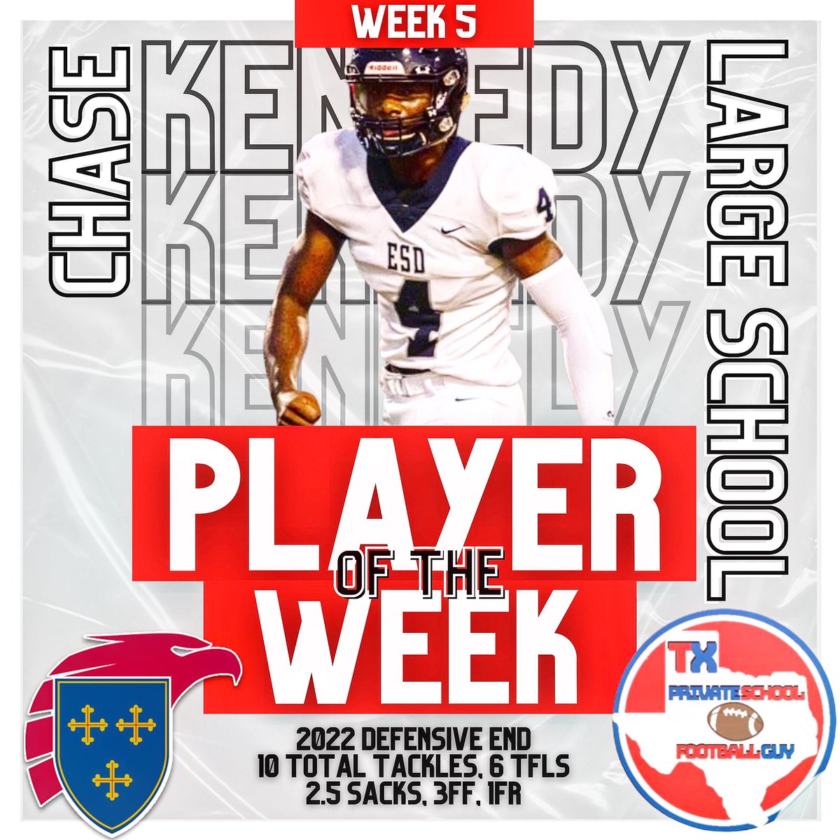TXPrivateFBGuy's tweet photo. Week 5!

🚨 TXPRIVATESCHOOLFBGUY Large School Player of the Week! 🚨 

Chase Kennedy
2022 DE
Episcopal of Dallas

@chasekennedy_5 
@FootballESD https://t.co/hY6DgMSzyq