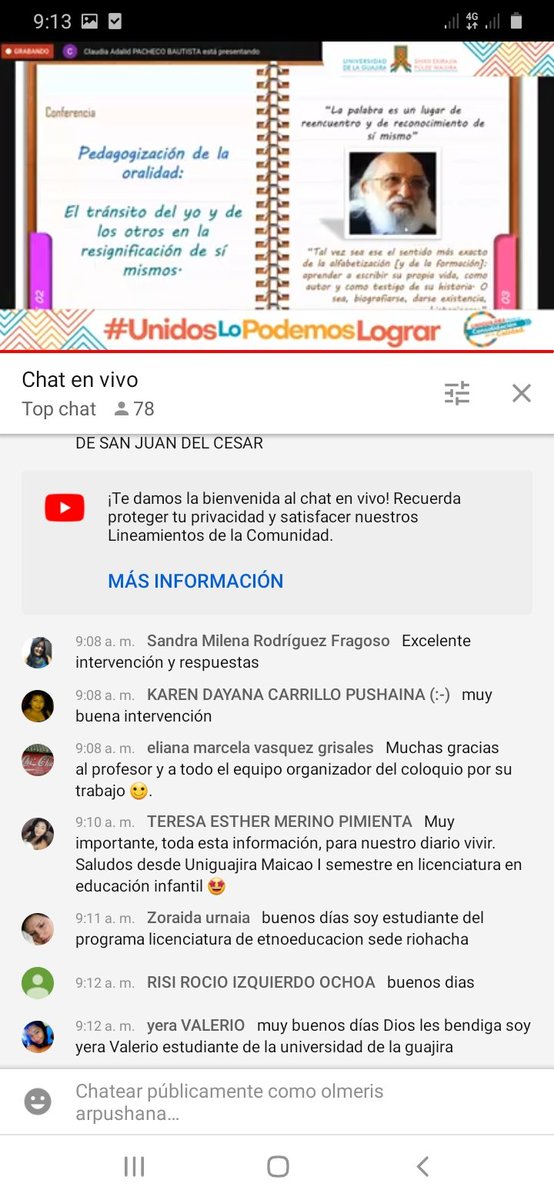 Olmeris4's tweet photo. La maestra Claudia Pacheco Bautizta habla sobre la (pedagogización de la oralidad ,
Y El transito del yo y de los otros en la resignificación de si mismo. ) 
#llcoloquioInvestigacionEducativa 
#ContextoMulticulturales 
@Inectic 
@Unilaguajira 
@jaroldiazc https://t.co/Iq4YDTruIg