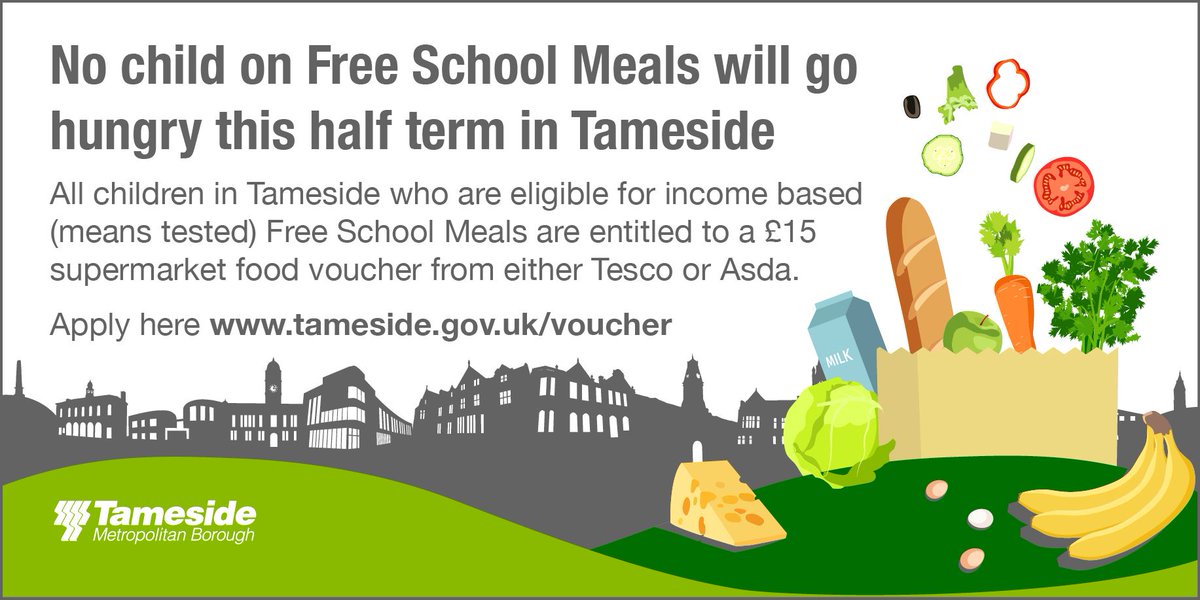 Our free school meal voucher scheme to ensure no Tameside children go hungry this half term is now live! Eligible families can apply at tameside.gov.uk/voucher and should receive the £15 supermarket food vouchers by email within 24 hours (but could take up to 48 hours)