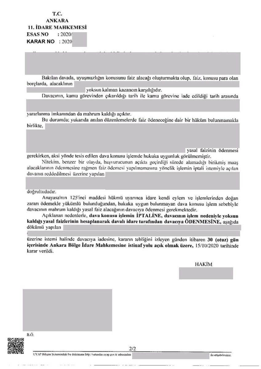 Göreve iade edilen askeri personele maddi haklarının yasal faiziyle ödenmesine dair 15.10.2020 tarihli İdare Mahkemesi kararı;

hukuksalyardim.net/Forum/idare-ma…