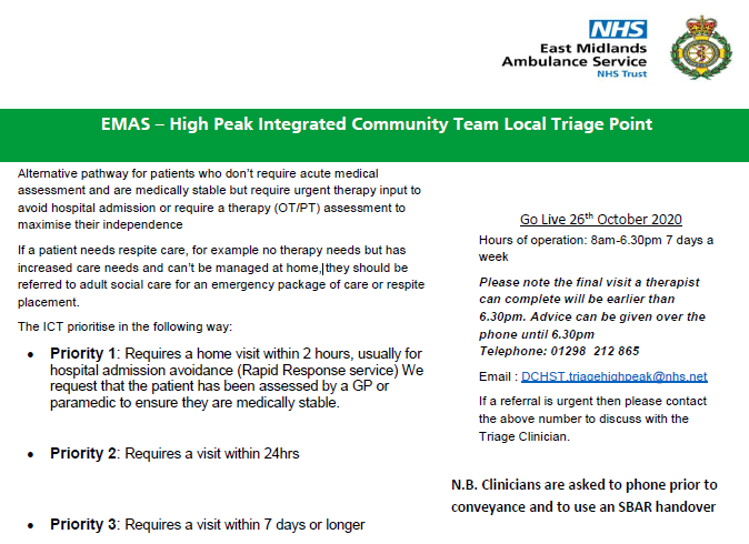 TomJRollinson's tweet photo. EMAS Derbyshire #AlternativePathwayoftheWeek is the High Peak Integrated Community Team supporting pts who are medically stable but require urgent therapy input to avoid hospital admission in the high peaks @EMAS_SamanthaW @EMAS_TimS @EMAS_AnthonyH @EMAS_RickyH @EMASNHSTrust 🚑🚑 https://t.co/q9kXGvbmpy