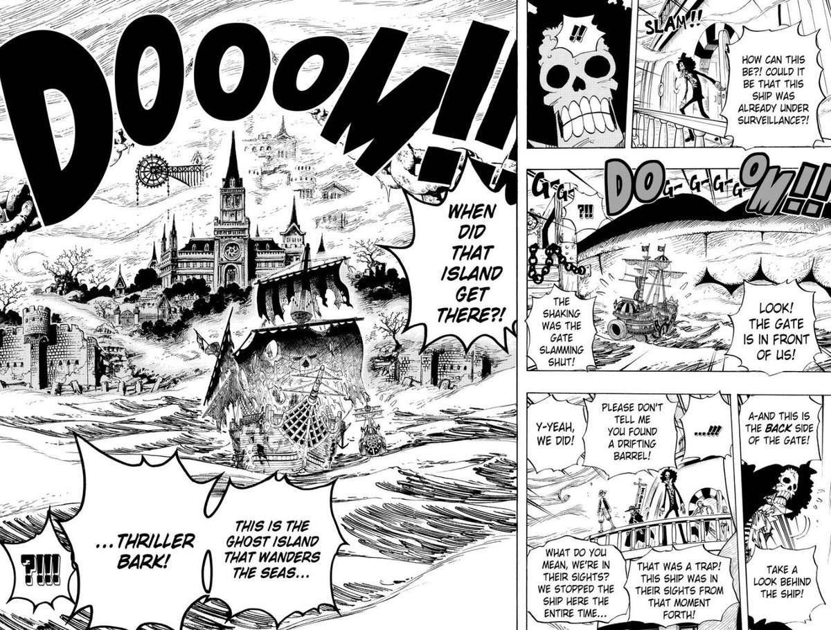 The setting of Thriller Bark as a Halloween themed island filled with mysterious horrors as well as the comedic aspect behind it