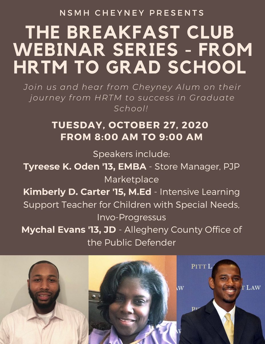 CheyneyHRTM's tweet photo. Thank you, Tyreese, Kimberly, and Mychal for providing HRTM students wonderful info regarding the power of your Cheyney experiences and subsequent grad school processes, engagement, and outcomes. https://t.co/68VzsaZPWo