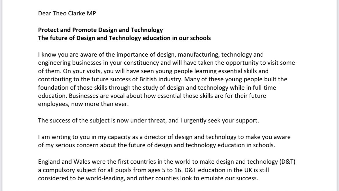 DrewWicken's tweet photo. This morning I have contacted both my local MP @theodoraclarke and the SoS @GavinWilliamson to raise my concerns over the removal of the ITT bursary for #DT. This matters in securing the future of #DT education at our schools #DTCampaign #protectandpromote https://t.co/S4KSSR8DCd