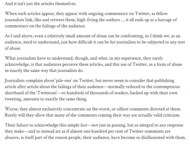 This from  @timdunlop gets right to the heart of why the us/them divide between journalists and the mouthy unwashed is so tiresome, self-perpetuating, escalatory and destructive.