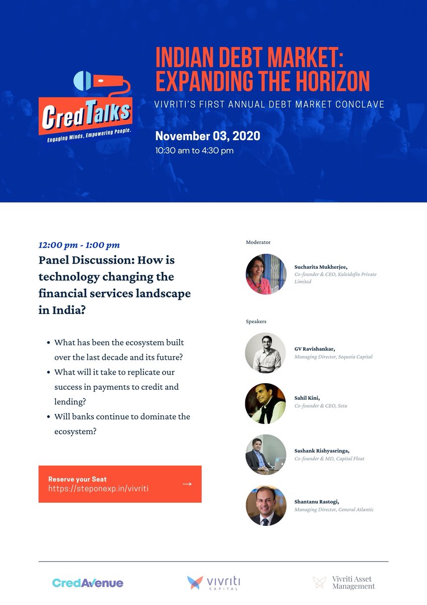 Vivriti Capital (@vivriticapital) on Twitter photo CredTalks- Vivriti's Annual Debt Market Conclave 2020; 3rd Nov, 10.30 AM
Panel Discussion 2: How is technology changing the financial services landscape in India?
To Register: steponexp.in/vivriti/
<a href="/Sucharita_2011/">Sucharita</a>, <a href="/gvravishankar/">G V Ravi Shankar</a> , <a href="/sahilkini/">Sahil Kini</a> , Shantanu Rastogi, <a href="/sashankr/">Sashank Rishyasringa</a> CredTalks- Vivriti's Annual Debt Market Conclave 2020; 3rd Nov, 10.30 AM
Panel Discussion 2: How is technology changing the financial services landscape in India?
To Register: steponexp.in/vivriti/
<a href="/Sucharita_2011/">Sucharita</a>, <a href="/gvravishankar/">G V Ravi Shankar</a> , <a href="/sahilkini/">Sahil Kini</a> , Shantanu Rastogi, <a href="/sashankr/">Sashank Rishyasringa</a>