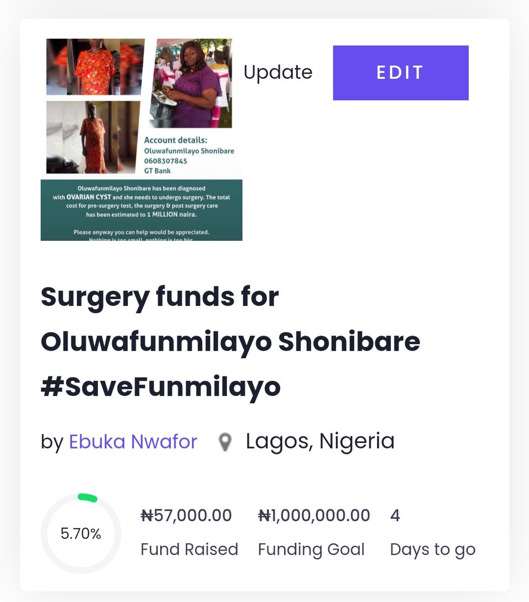 theonlyebuka's tweet photo. Latest update as at this morning
687,730 via bank transfer
57,000 via Raize by @enablegrowthafr
Total = 744,700
Thanks to everyone who has donated so far to help us #SaveFunmilayo
We really appreciate the help π
You can still donate using this link
https://t.co/0P68KJPeVb https://t.co/cyGHYww3Al