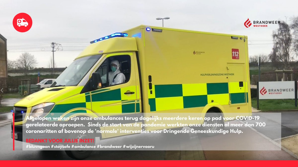 Brw_Westhoek's tweet photo. Afgelopen weken zijn onze ambulances terug dagelijks meerdere keren op pad voor COVID-19 gerelateerde oproepen.  Ze werkten dit jaar al meer dan 700 coronaritten bovenop de 'normale' ziekenwageninterventies af. #bedanktambulanciers #staysafe #dgh #wijzijnervooru #blijfinuwkot https://t.co/LI7q0Q3tMF