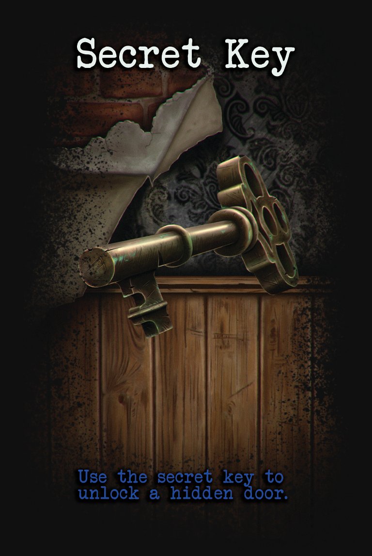 This is the 'Secret Key' card. The secret key is one of the few cards that only has one option. You can use it to place a secret door on the board to fast travel across the board.

#AutumnGroveManor #Kickstarter #indieboardgame #horror #kickstartingsoon #boardgame #itemcard