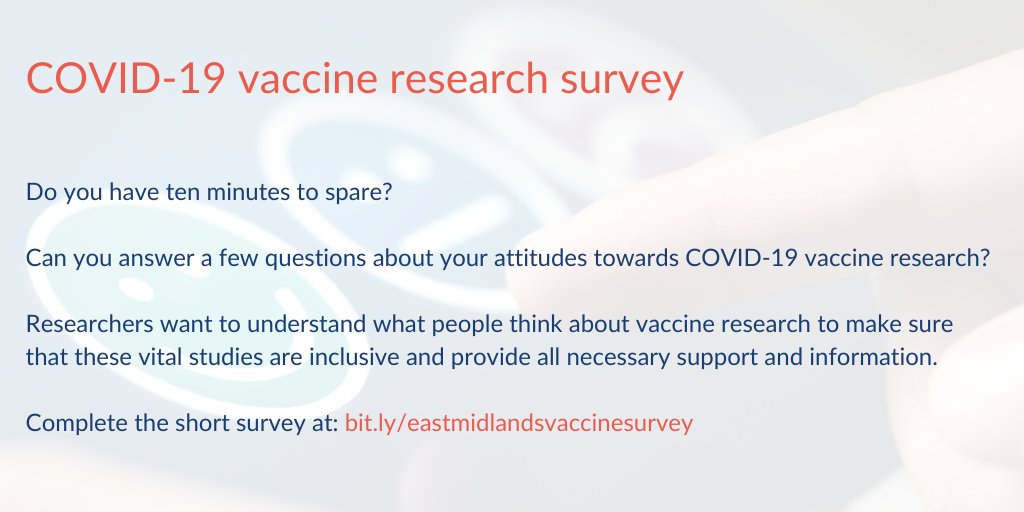 *LAST CHANCE* It’s vital that people from all backgrounds are involved in #COVID19 vaccine research. What do you think about taking part in vaccine research? Let researchers know: bit.ly/eastmidlandsva… #bepartofresearch @nihrcrneastmids @bmehealthem <a href="/uniofleicester/">University of Leicester</a>