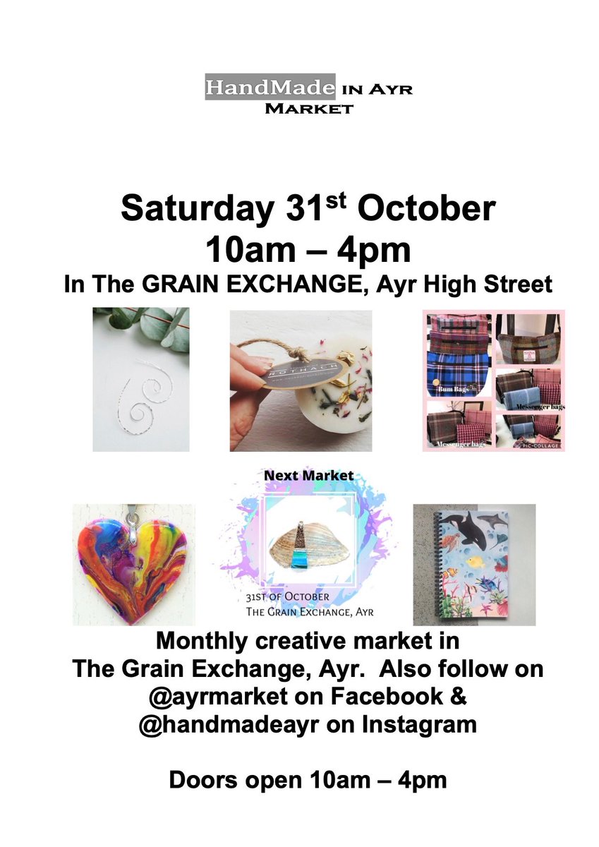 Handmade in Ayr Market this Saturday 31 October at the Grain Exchange on Ayr High Street, 10-4. Shop local for all your Christmas gifts at a lovely venue in Ayr town centre. #shoplocal #artandcraftmarket #ayrhighstreet #southayrshire <a href="/grain_exchange/">The Grain Exchange</a>