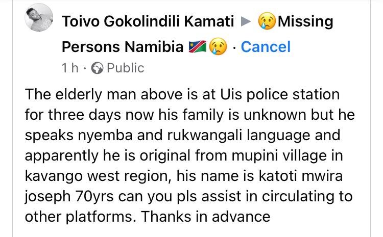 UnitMissing's tweet photo. ALERT: Good afternoon, if you are missing a relative in (Kavango West)  please make your way to UIS police station. 70 year old Josef Katoti has been at the UIS police station for three days now. Josef needs to be reunited with his family.

Please Retweet and repost 
#mpu https://t.co/yEFp63q3j3