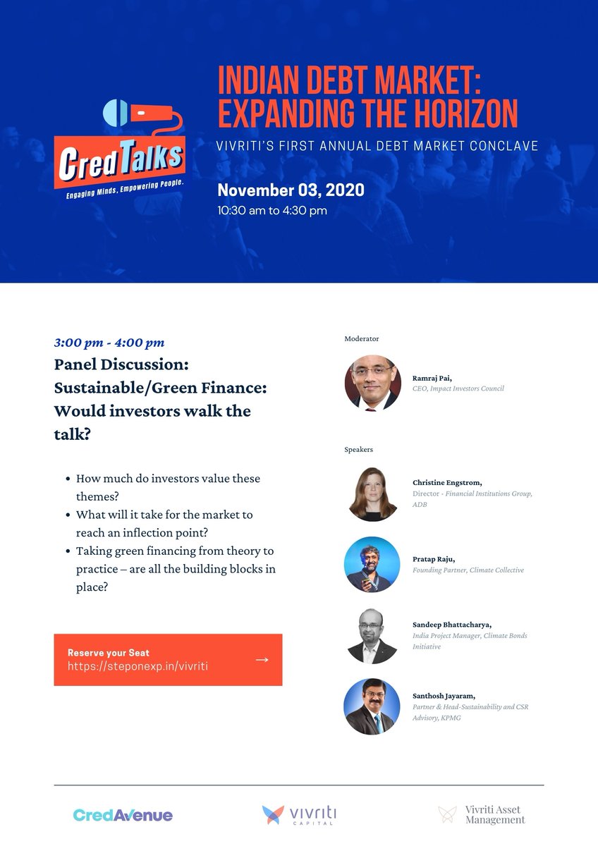 Vivriti Capital (@vivriticapital) on Twitter photo CredTalks- Vivriti's Annual Debt Market Conclave 2020; 3rd Nov, 10.30 AM
Panel Discussion 4: Sustainable/Green Finance: Would investors walk the talk?
To Register: steponexp.in/vivriti/
<a href="/pairamraj/">Ramraj Pai</a> , <a href="/Sandeep65555045/">Sandeep Bhattacharya</a>, @SJayaram_KPMG CredTalks- Vivriti's Annual Debt Market Conclave 2020; 3rd Nov, 10.30 AM
Panel Discussion 4: Sustainable/Green Finance: Would investors walk the talk?
To Register: steponexp.in/vivriti/
<a href="/pairamraj/">Ramraj Pai</a> , <a href="/Sandeep65555045/">Sandeep Bhattacharya</a>, @SJayaram_KPMG