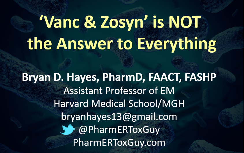 ‘Vanc &amp; Zosyn’ is NOT the Answer to Everything | Here’s the handout for my 2nd #ACEP20 talk (with links to all references): pharmertoxguy.files.wordpress.com/2020/10/vanc-a…

Topics include CAP, why fluoroquinolones suck, SSTI, &amp; the nuanced downsides to consider with pip/tazo in the ED #FOAMed