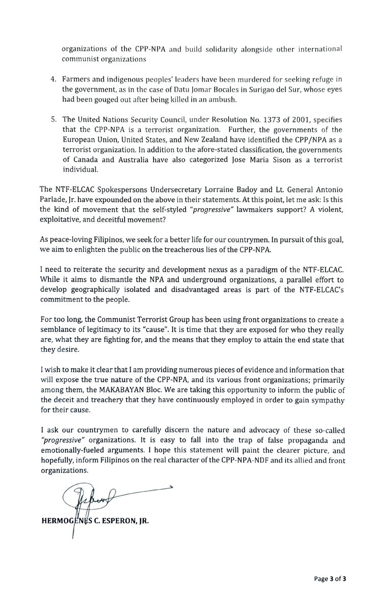 nscphilippines's tweet photo. READ: Press Statement of the National Security Advisor Hermogenes Esperon, Jr. on The Dismantling of the NTF-ELCAC and the Defunding of the BDP.
#NSC #NSCNews #NSCGov #CPP #NPA #NTFELCAC #EO70 #JomaSison #FaceJusticeJoma https://t.co/sBTpeLvs4l
