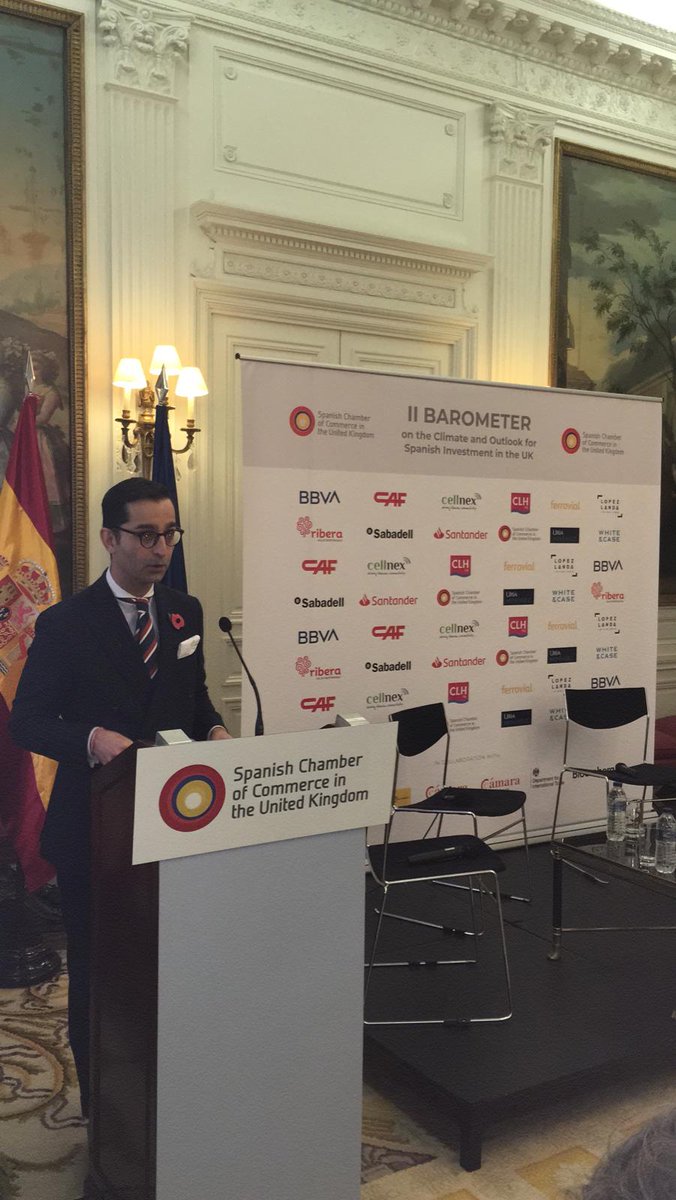 SpainChamberUK's tweet photo. The President of the Chamber thanks the companies that made this second barometer report possible: @bbva, #CAF, @cellnextelecom, @grupoclh, @ferrovial, #LopezLanda, @riberasalud, @BancoSabadell, @santanderuk, #UríaMenendez and @WhiteCase #IIBarometerSCC https://t.co/a870HWOmdt