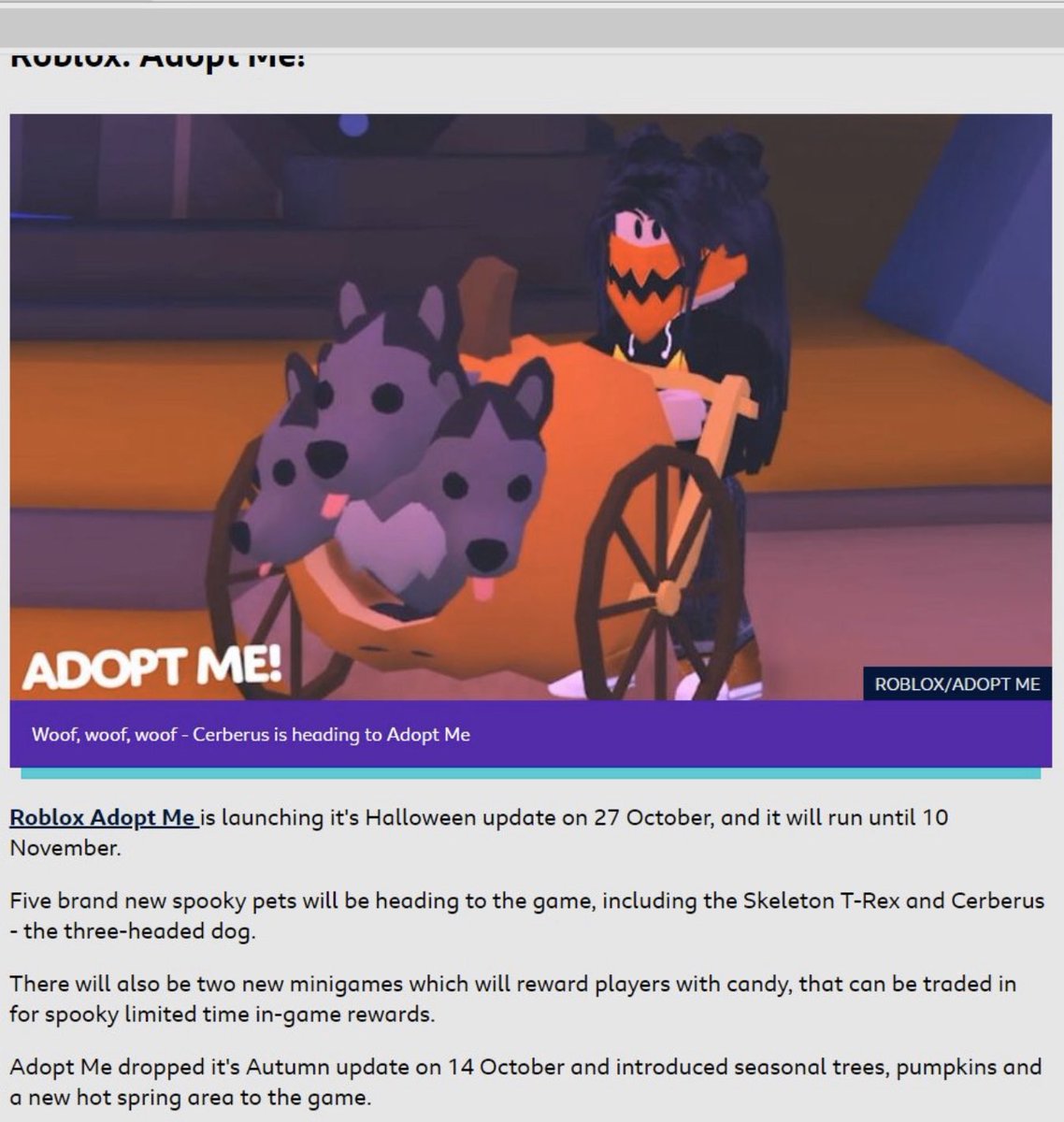 Dayjeeeplays On Twitter According To The Bbc Adopt Me Is Releasing Their Halloween Update Today The 27th Of October It Also States That It Ends On November 10 You Have Two - cerberus login roblox