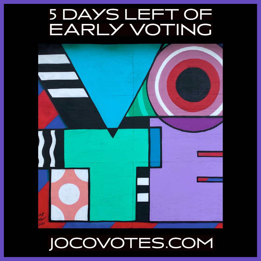 joconcelections's tweet photo. 5 days left!!! Head on over to early voting TODAY! We're open until 7:30 pm. Visit https://t.co/6DrFMsEOe4 to find the full schedule.
#ncpol #yourvotecounts #JoCoStrong #earlyvoting #SupportJoCo #JohnstonCountyNC #GrowWithJoCo #JCPS_NC #jocogovNC https://t.co/ilKUxpSivt