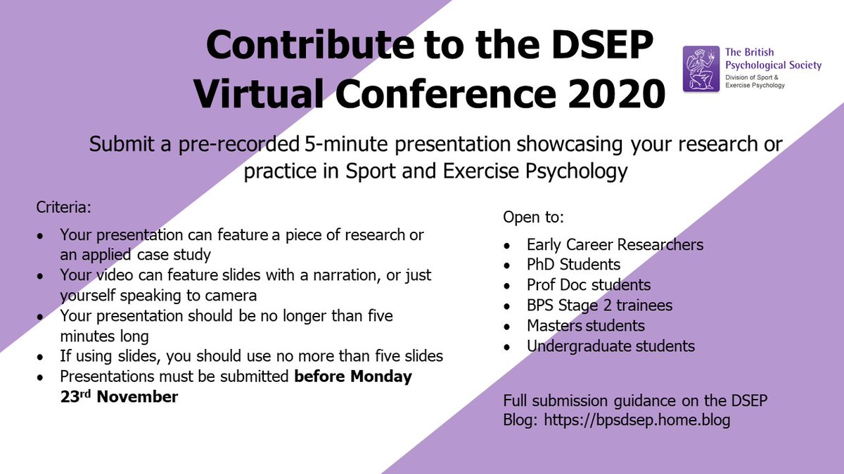 BPS_DSEP's tweet photo. 🚨Calling all: Trainees/Students/ECR's🚨

Anyone interested in submitting to the DSEP Virtual Conference 2020?

Submit a pre-recorded 5-minute presentation on your research or practice

Deadline: Monday 23rd November 2020

Find out more: https://t.co/5amCHmaB0C https://t.co/OKbGf6HrtI