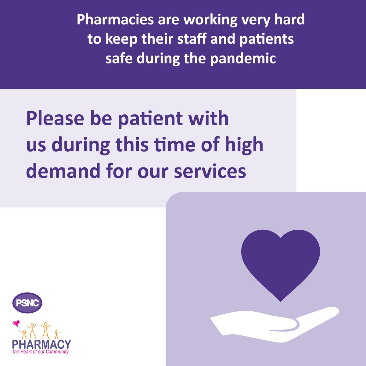 Pharmacies are working very hard to keep their staff and patients safe during the #COVID19 pandemic - please be patient with your local pharmacy team during this time of high demand for healthcare services