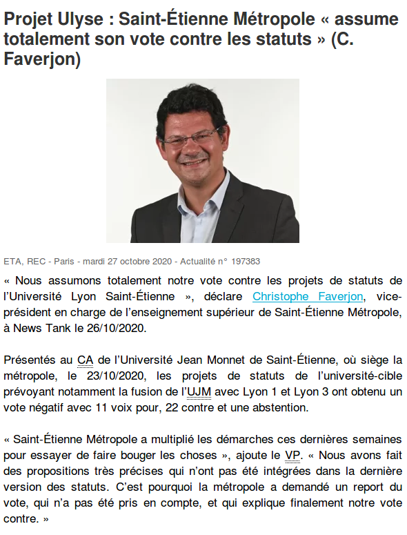Le VP ESR de <a href="/SteMetropole/">Saint-Étienne Métropole</a>, @Faverjon2017, détaille son vote contre la fusion à @NewsTankHER.
Il souhaite que « tout le monde se mette au travail et retrouve un dialogue. Il sera nécessaire d’explorer toutes les possibilités de partenariats et travail en commun qui existent. »