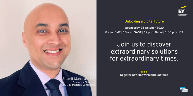EY_Africa's tweet photo. Join an insightful roundtable led by EY Business and SAP Alliance leaders featuring EY’s Shamit Maharaj as he discusses topics like: How you can take advantage of global trends to put your SAP skills to meaningful use. Register: https://t.co/bS8MvLnJdo #EYVirtualRoundtable https://t.co/Q2SD8nP8Z3