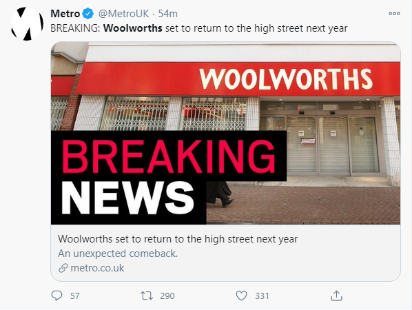 If I randomly set up a Twitter account under the name of a long-lost retailer, and put out tweets with lots of dubious typos, will Metro also splash that as "Breaking News" without any verification? 🤔🙄