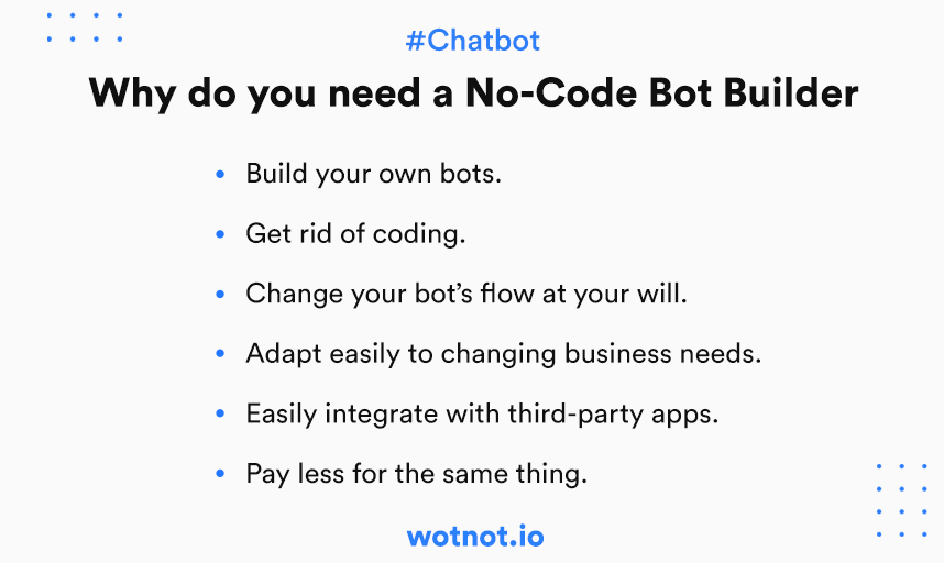 wotnot_io's tweet photo. Building a #bot by #coding is not an easy task.
Hence, to make things simpler it is always good to get a #chatbot that can be built without coding.
#NoCode #NoCodeBot #DIY https://t.co/hksZI1kfRc