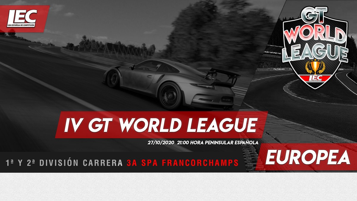 🔴#GTSport 

🏆4ª #GTWorldLeague Europea

🚩1ª y 2ª División

🚦Circuito de SPA Francorchamps

🏎️Porsche 911 GT3

⏰Horarios:
🏁21:00h 2ª DIV
🏁22:15h 1ª DIV

📺Retransmisión oficial:
Twitch.tv/lecesports

🥳 #Únete y disfruta con nosotros ‼️

❤️#lecesports #simracing #esports