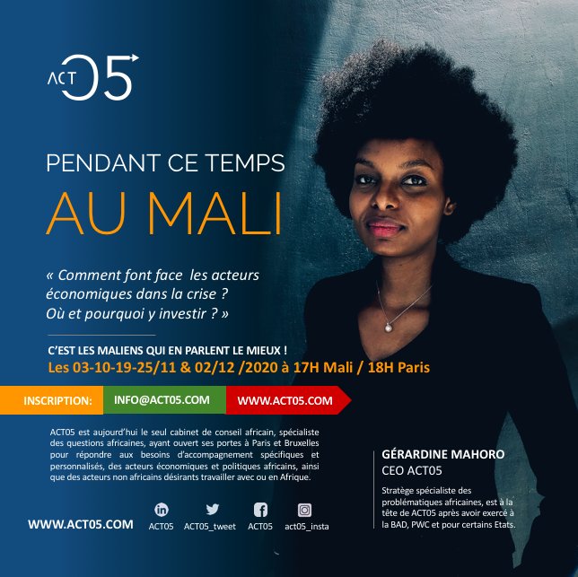 ACT05_tweet's tweet photo. On en a tant parlé avec les clients, partenaires et ami.e.s du #Mali. Comment faire face, faut-il rester? Partir? #Investir?
Ainsi est née cette serie de discussion. Il est primordial d'avoir l'nfo de l'intérieur.
Inscrivez-vous gratuitement
👉🏾 https://t.co/DckrWA0evW
#act05 https://t.co/3k6E8BwWFw