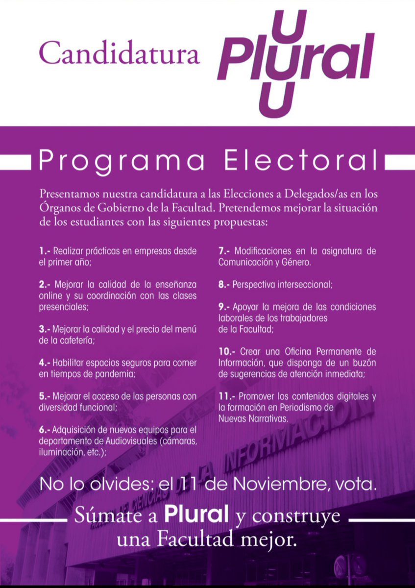 CandidaturaP's tweet photo. Este es nuestro programa para las #EleccionesUCM. Un programa comprometido con los principales desafíos que afronta nuestra Facultad y los/as estudiantes.
¡Súmate a construir la Facultad que quieres!
@UCMccinf
#CCINF https://t.co/k35IeRvdBY