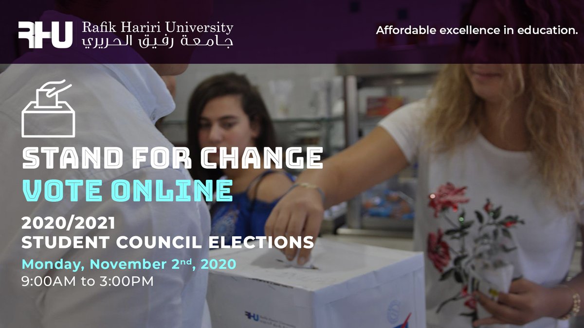 RHU_Lebanon's tweet photo. #RHUEvents: #RHU calls all students to take part in 7th Annual Student Council #Elections & vote for candidates they deem best to represent them. Campaigning October 28-31. Stand for Change Vote!
#rafikhaririuniversity #AffordableExcellence #RHU20 #studentrepresentatives https://t.co/2AjdgUJvgy
