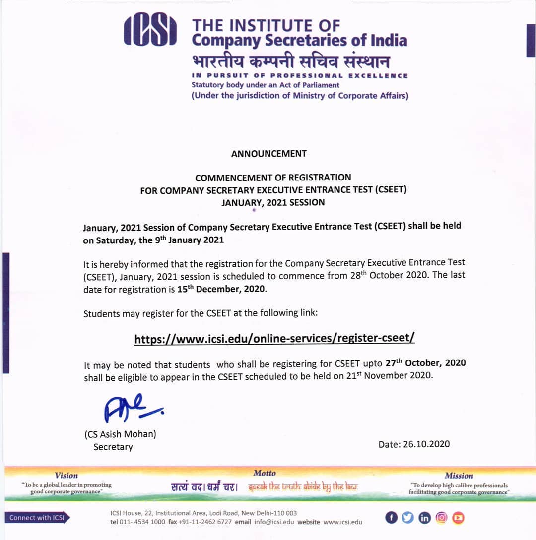 igpclasses's tweet photo. 📣 #Announcement
Commencement of registration for #CSEET January 2021 session
#ICSIupdates #ICSInews #companysecretary #csstudents #csexaminations #igpclassesca #caashishkalra #igp #igpinstitute https://t.co/x3sElrOJH6