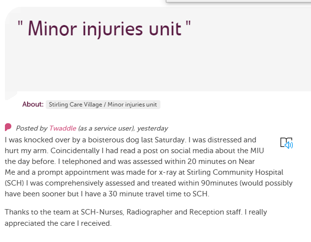 TeamFVED's tweet photo. Delighted to see such positive patient experiences @CareOpinionScot coming from our Minor Injuries Assessment service Call MIA
Find out more here ➡️ https://t.co/2gcTtq6Jje
#KnowWhoToTurnTo https://t.co/d8JngAA4wE