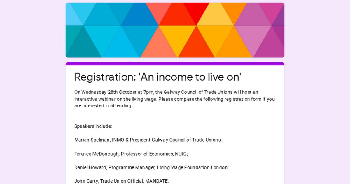 Tomorrow evening Wed 28th October at 7pm is the first in our #ONEFutureONEVision interactive webinar series, hosted by @girl_galway Pres of Galway Council of Trade Unions to discuss #thelivingincome. Register buff.ly/31NWVK5 #strongertogether